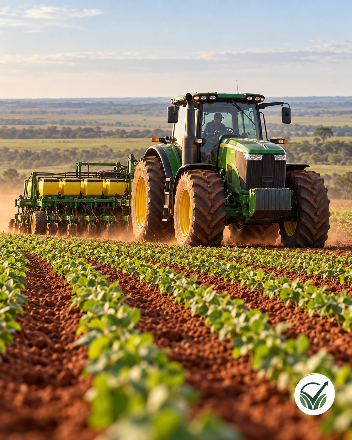 Trator com plantadeira trabalhando em lavoura no Cerrado